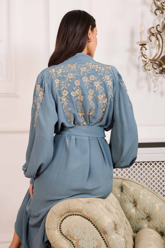 Japanese Blossoms Metallic Champagne and Blue Embroidery Artemis Dress
