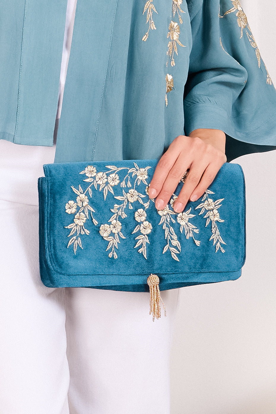 Japanese Blossoms Metallic Champagne & Blue Embroidered Velvet Bag