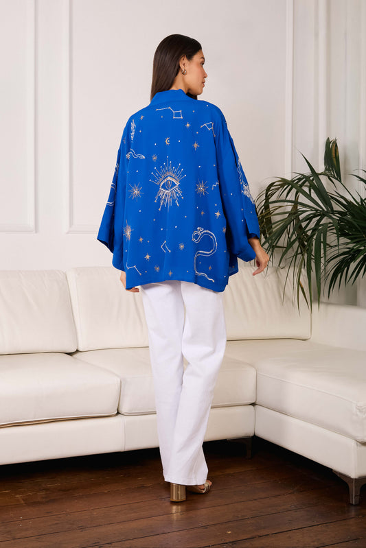 Cosmos Embroidered Electric Blue, Ivory and Gold Fully Lined Short Kimono