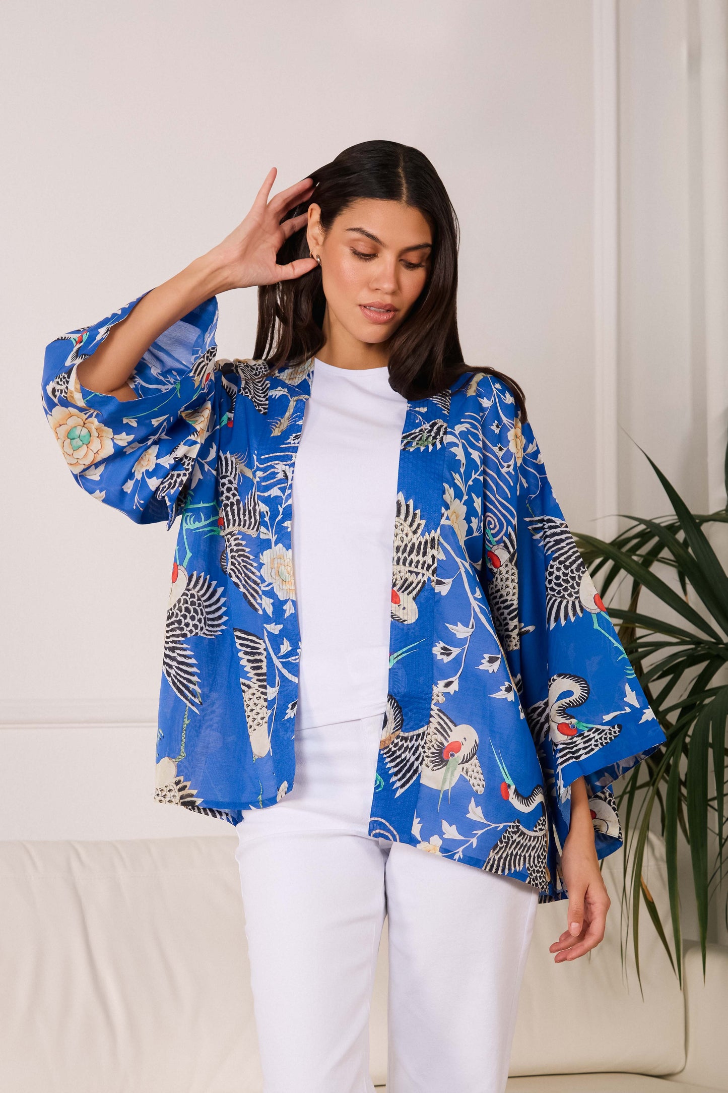Electric Blue Dynastic Bird Print Light Weight Kimono