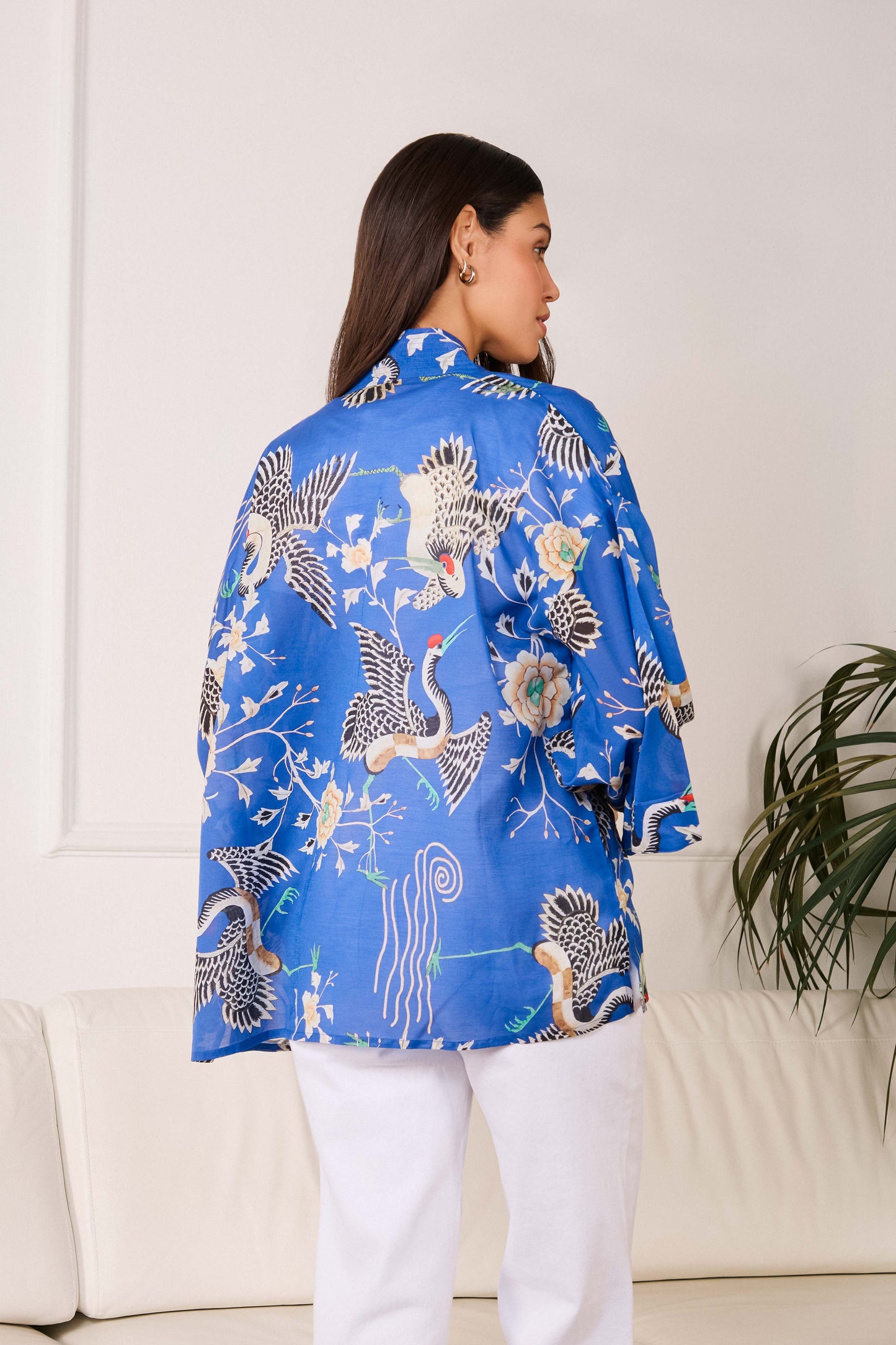 Electric Blue Dynastic Bird Print Light Weight Kimono
