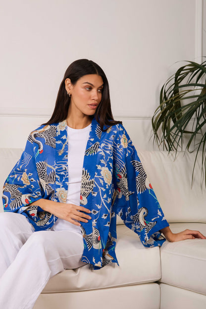 Electric Blue Dynastic Bird Print Light Weight Kimono