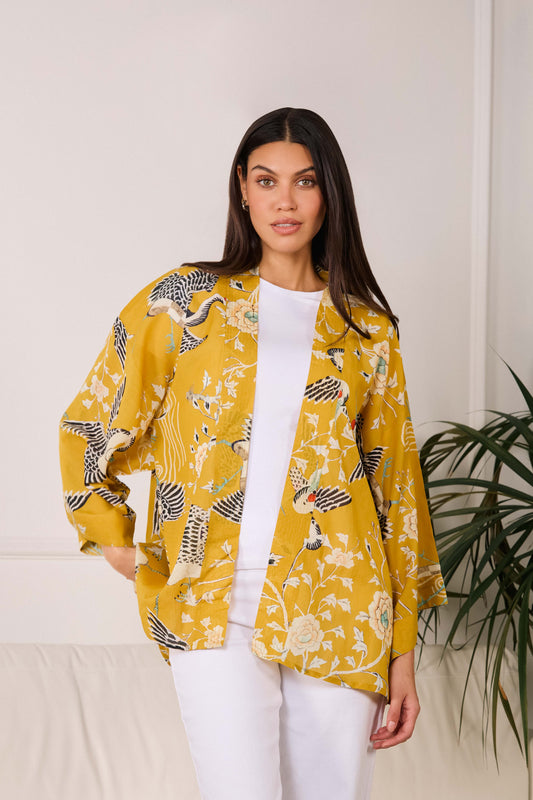 Mustard Dynastic Bird Print Light Weight Kimono