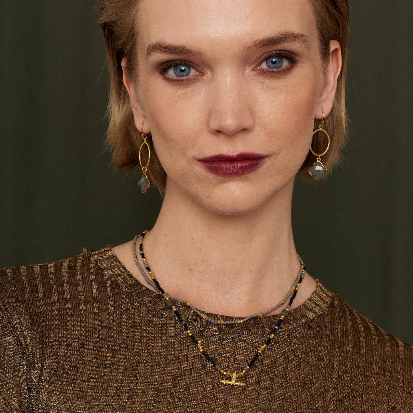 Sadie Black & Grey Beaded Necklace with Gold T-bar