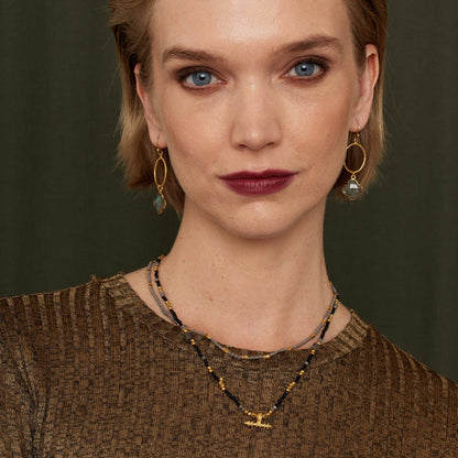 Sadie Black & Grey Beaded Necklace with Gold T-bar