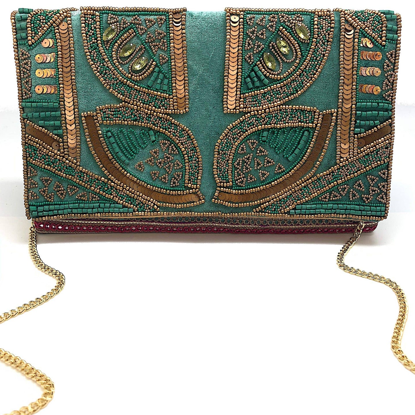 Green Velvet Embroidered Clutch