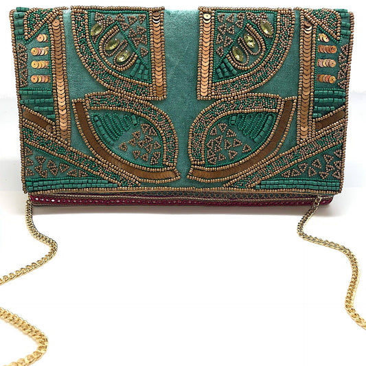 Green Velvet Embroidered Clutch