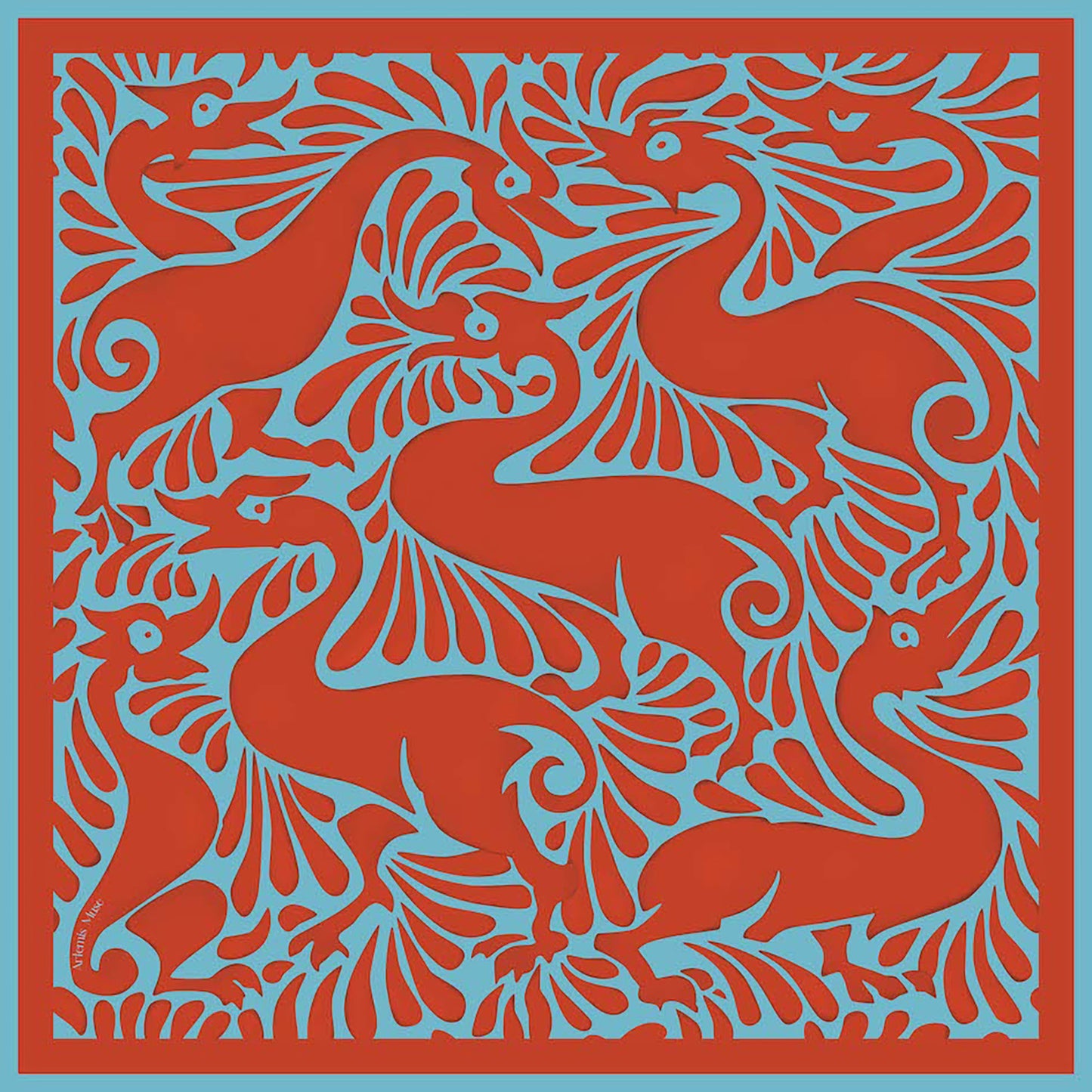 William De Morgan Fantastic Duck rust and blue luxury silk scarf 120x120cm