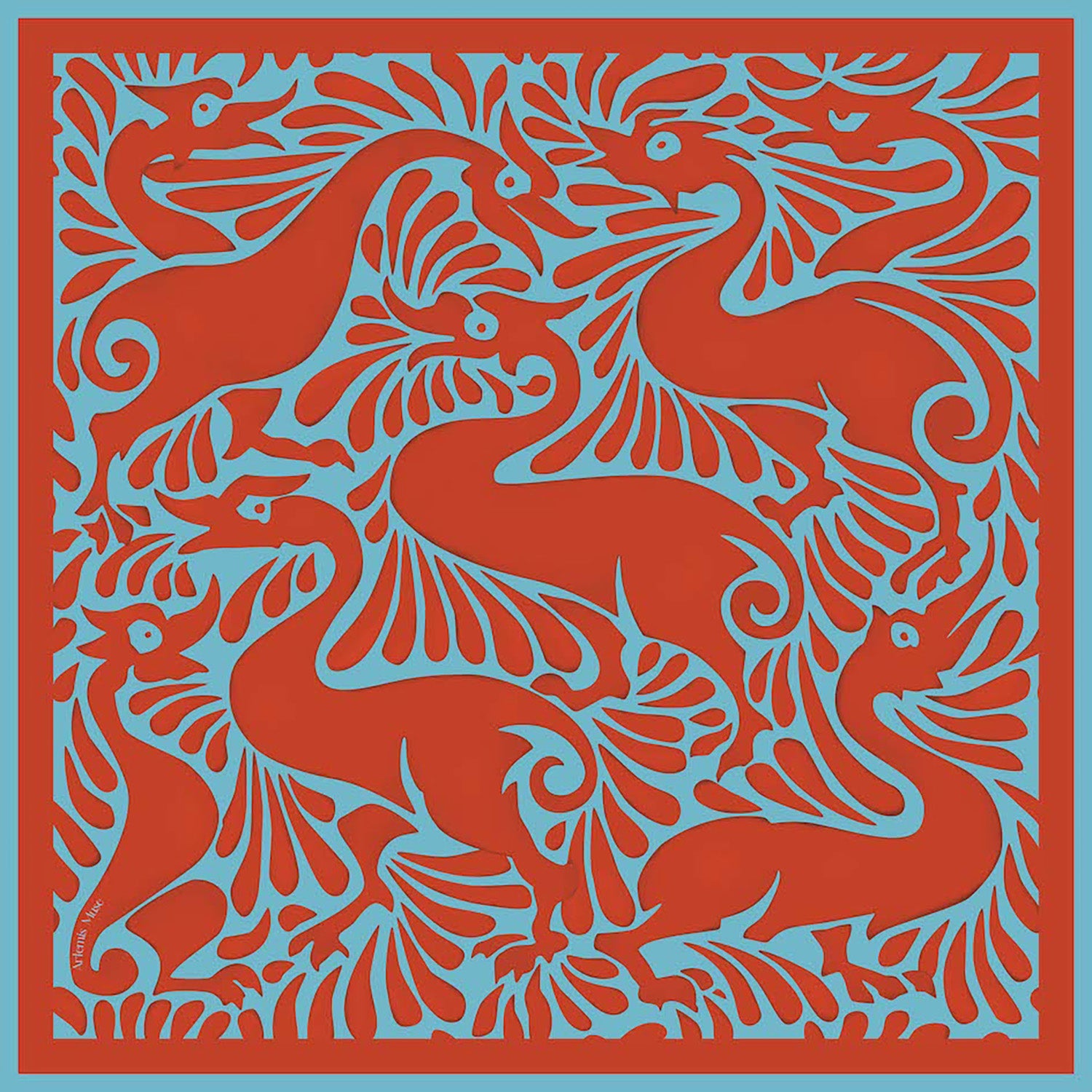 William De Morgan Fantastic Duck rust and blue luxury silk scarf 120x120cm