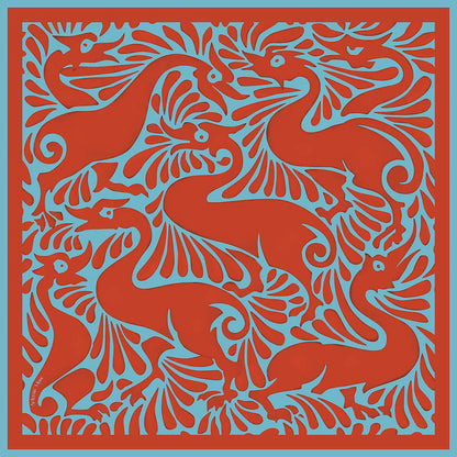 William De Morgan Fantastic Duck rust and blue luxury silk scarf 120x120cm