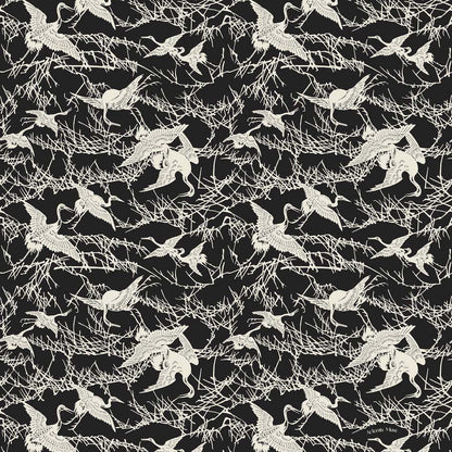Japanese crane print black and ivory cotton scarf 120x120cm