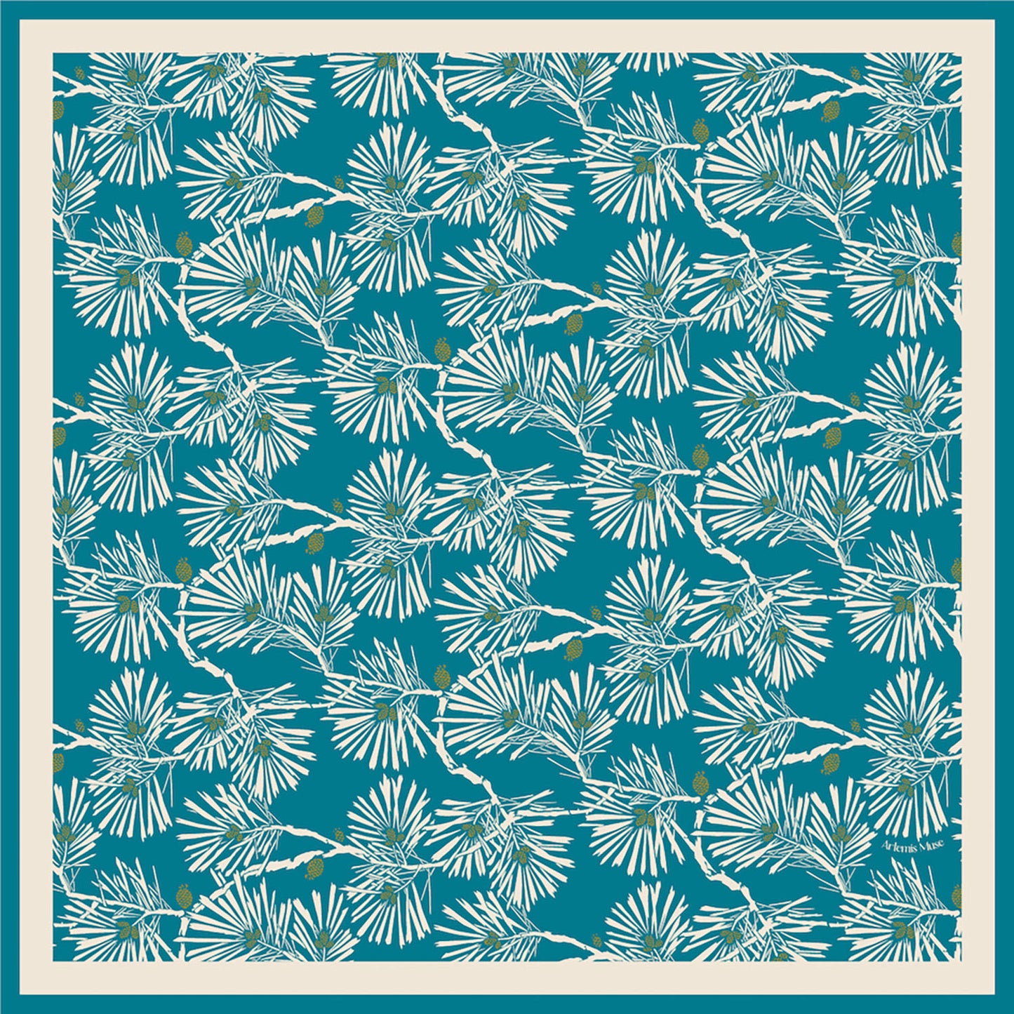 Teal & Ivory Pine Needles Luxury Silk Scarf 120cm * 120cm