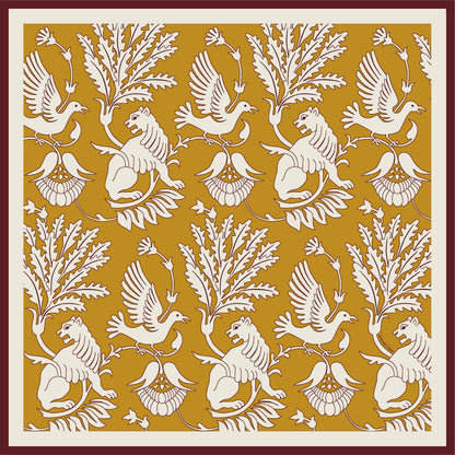 Regal Doves & Lions Wine & Mustard Luxury Silk Scarf 120cm * 120cm