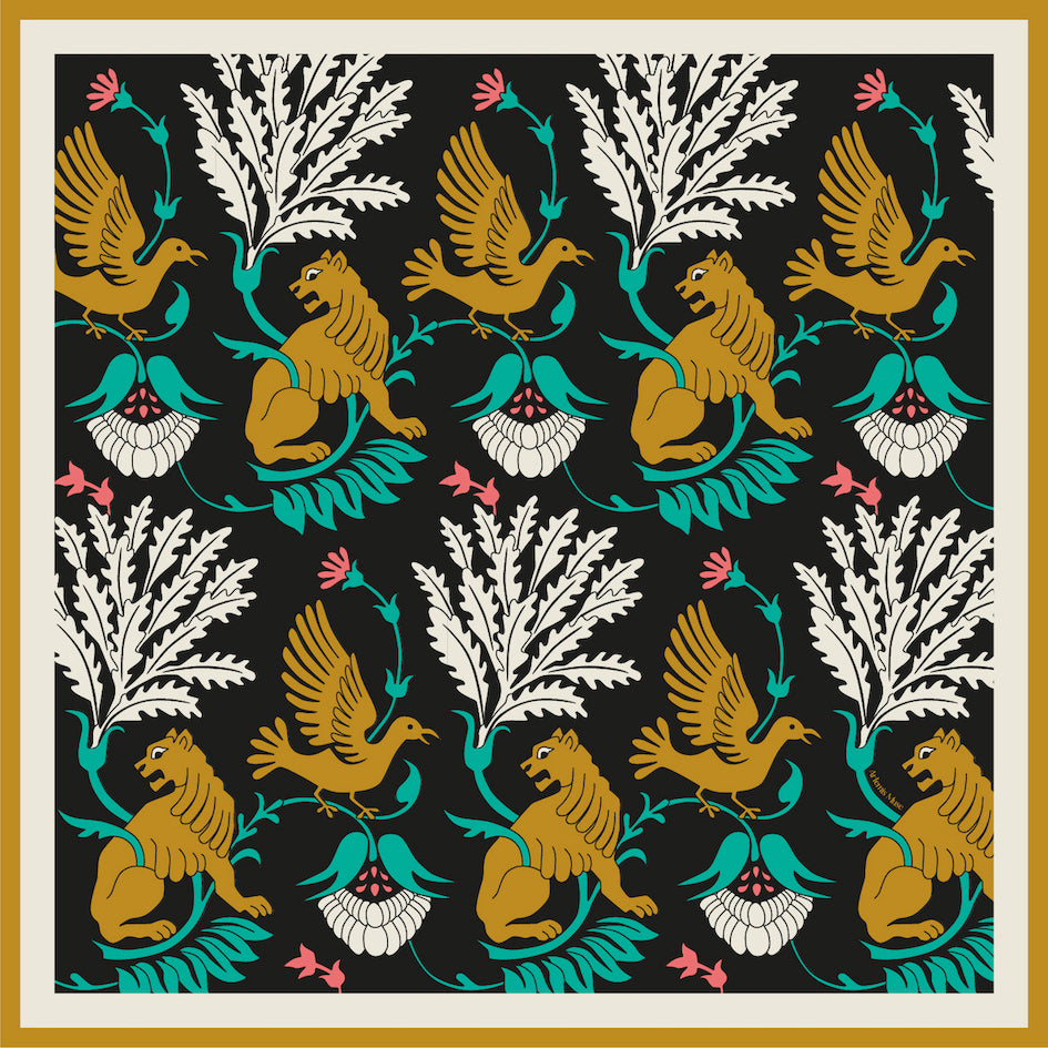 Regal Doves & Lions Black & Colourful Luxury Silk Scarf 120cm * 120cm