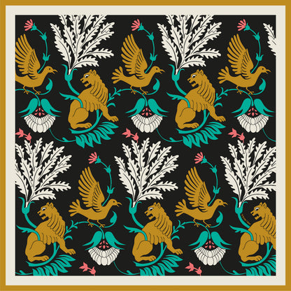 Regal Doves & Lions Black & Colourful Luxury Silk Scarf 120cm * 120cm