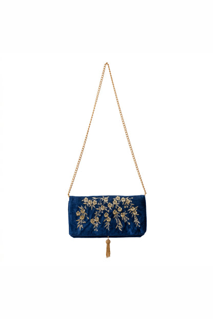Japanese Blossoms Metallic Champagne & Blue Embroidered Velvet Bag
