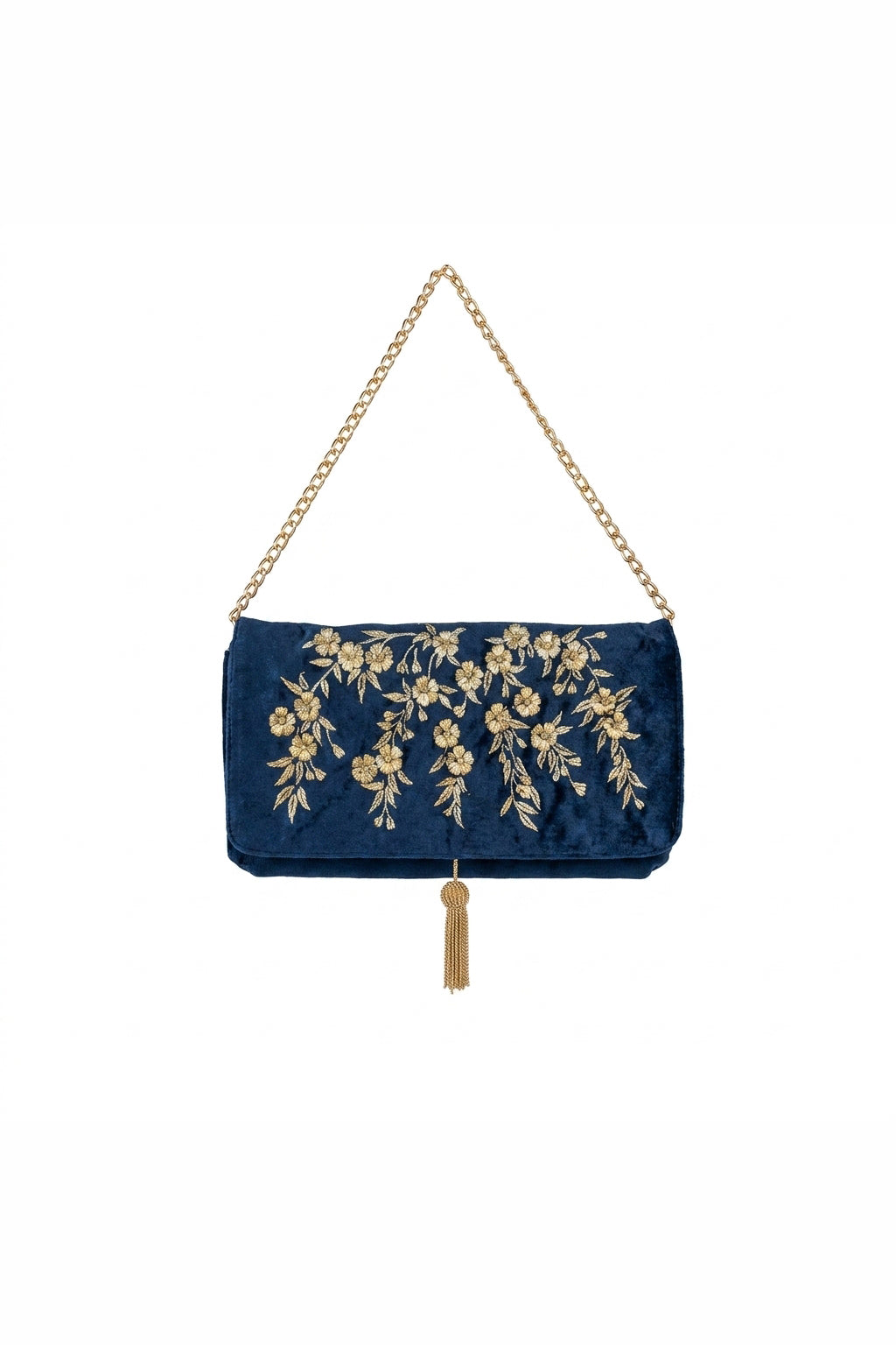 Japanese Blossoms Metallic Champagne & Blue Embroidered Velvet Bag
