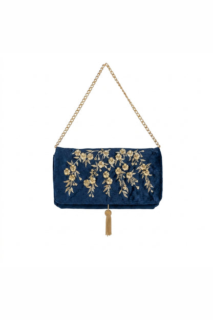 Japanese Blossoms Metallic Champagne & Blue Embroidered Velvet Bag