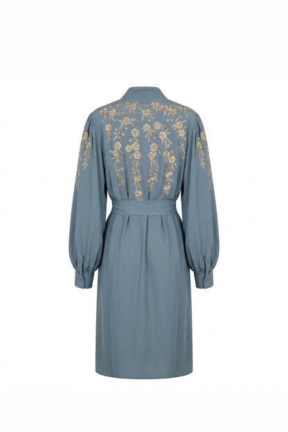 Japanese Blossoms Metallic Champagne and Blue Embroidery Artemis Dress