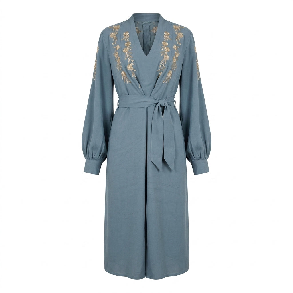Japanese Blossoms Metallic Champagne and Blue Embroidery Artemis Dress