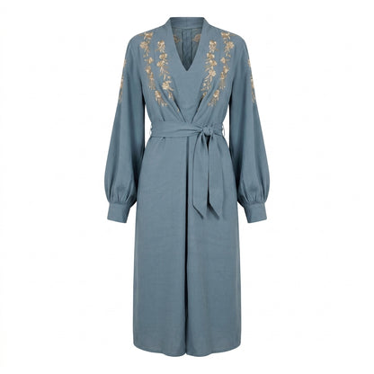 Japanese Blossoms Metallic Champagne and Blue Embroidery Artemis Dress