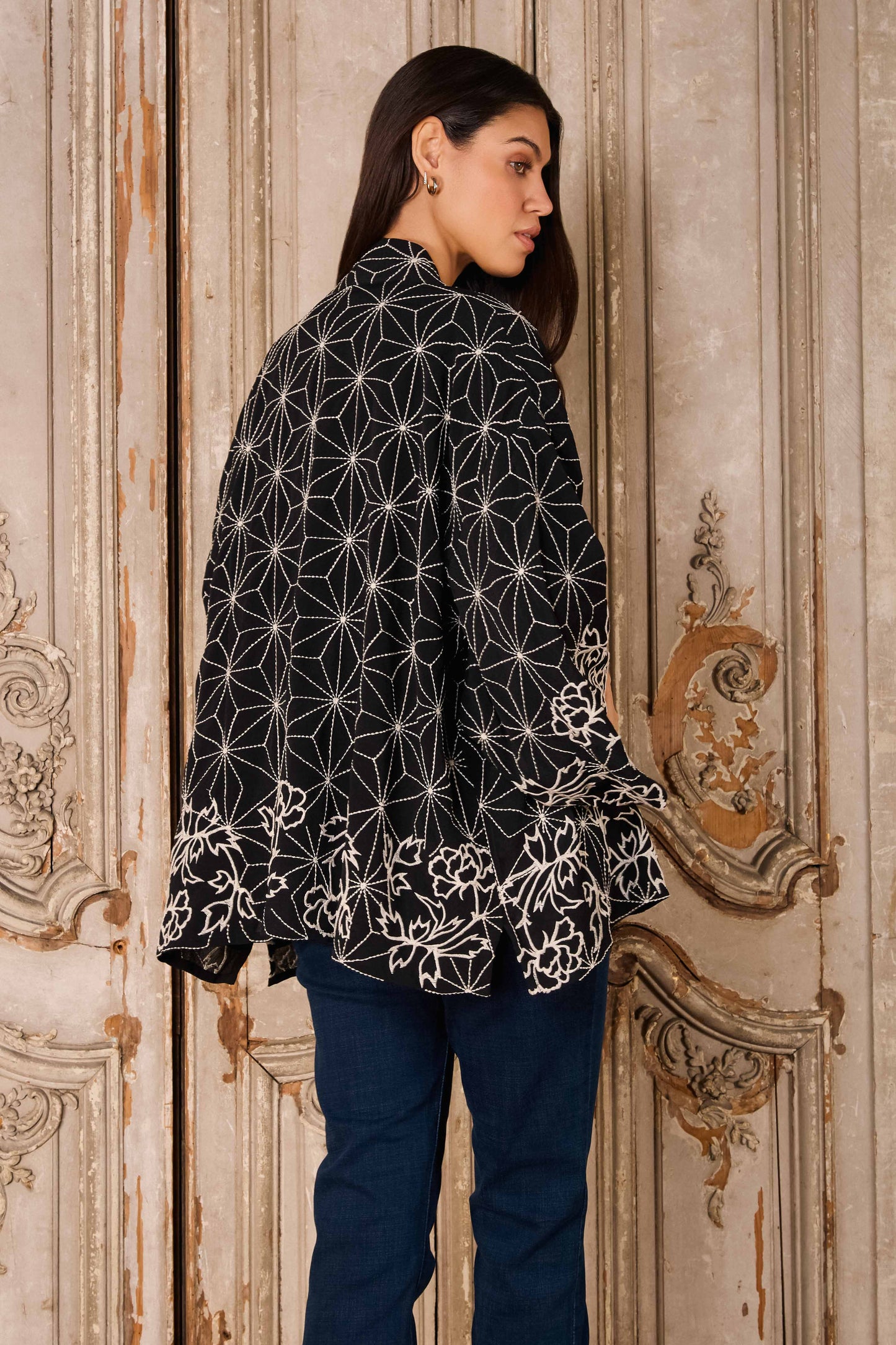 Asanoha & Peony Embroidered Black & Ivory Fully Lined Short Kimono
