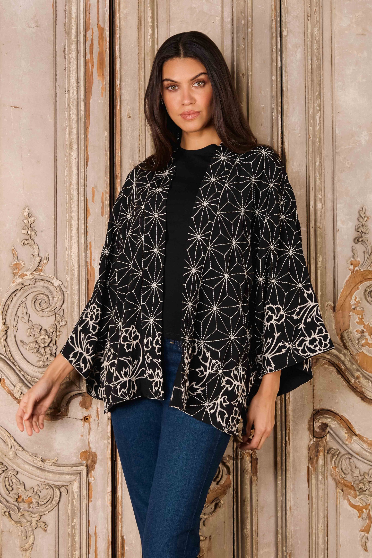 Asanoha & Peony Embroidered Black & Ivory Fully Lined Short Kimono