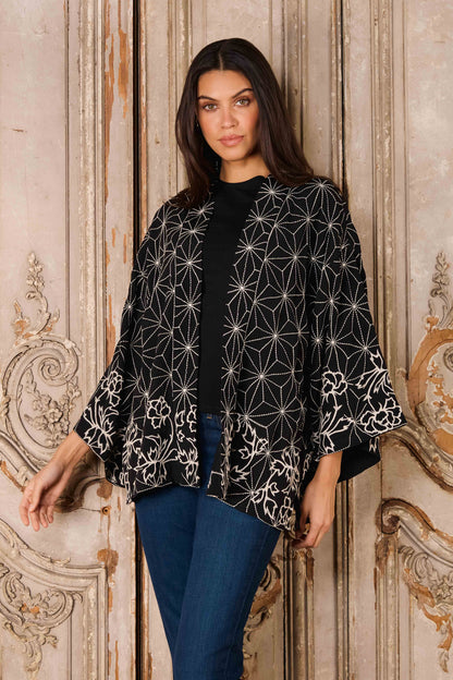 Asanoha & Peony Embroidered Black & Ivory Fully Lined Short Kimono