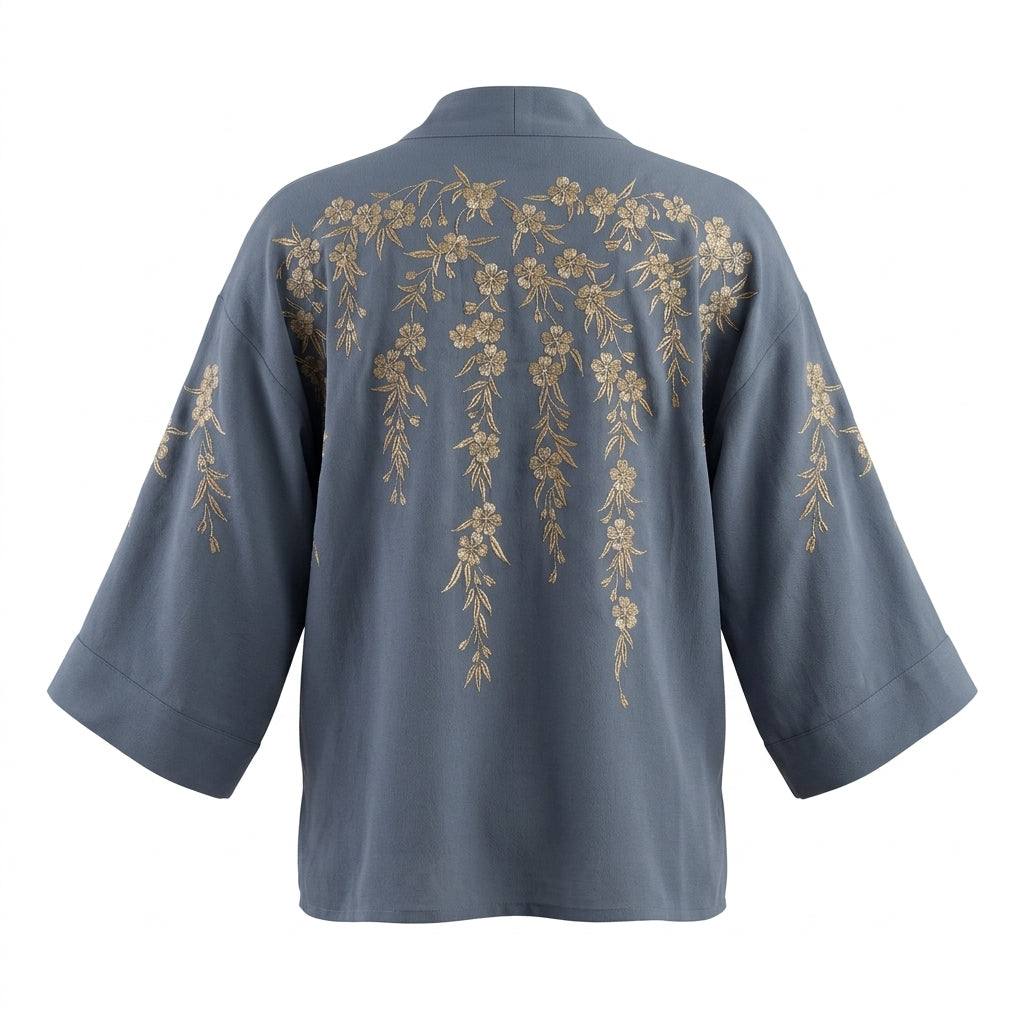 Japanese Blossoms Metallic Champagne and Blue Embroidery Kimono