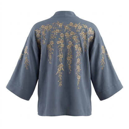 Japanese Blossoms Metallic Champagne and Blue Embroidery Kimono