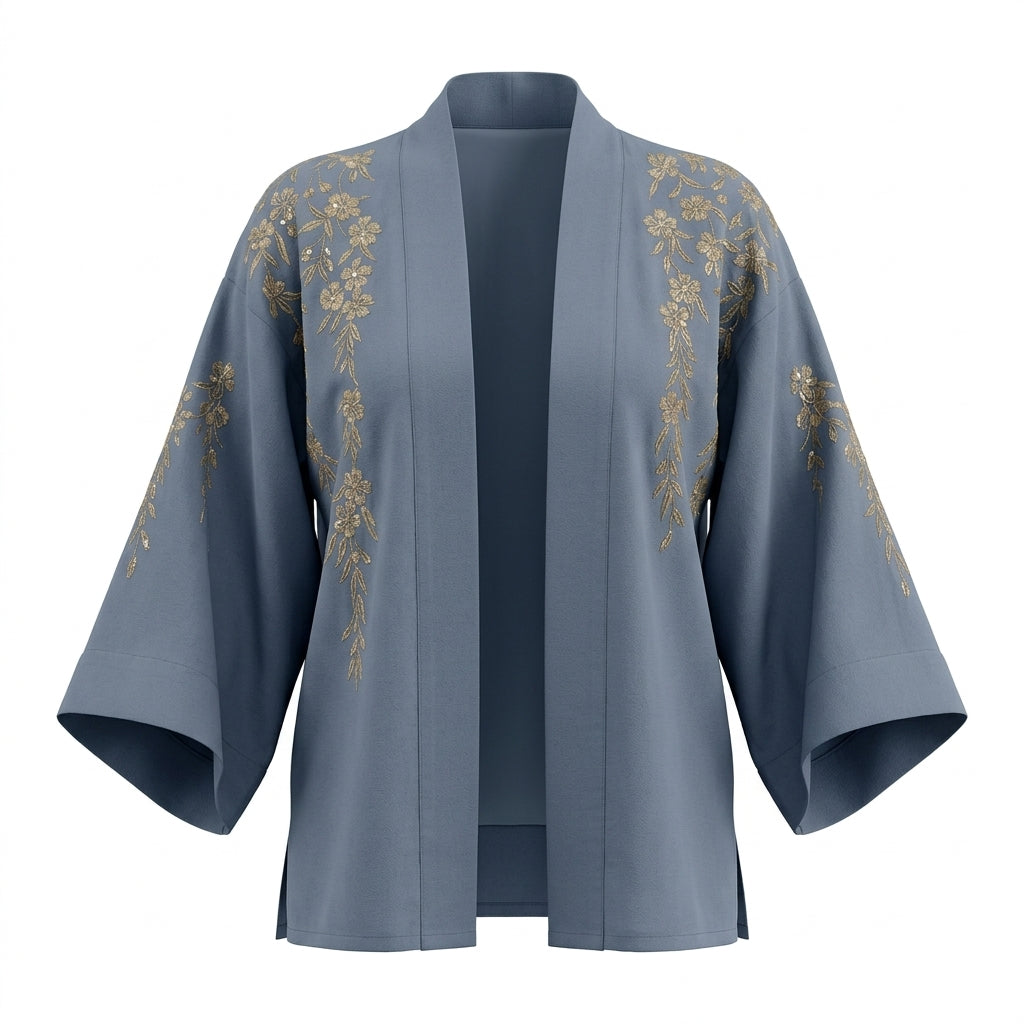 Japanese Blossoms Metallic Champagne and Blue Embroidery Kimono