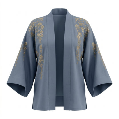 Japanese Blossoms Metallic Champagne and Blue Embroidery Kimono