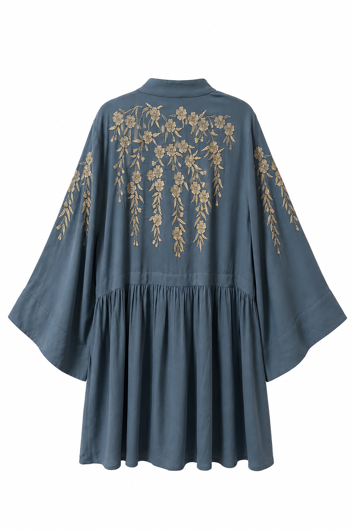 Japanese Blossoms Metallic Champagne and Blue Embroidery Selene Dress
