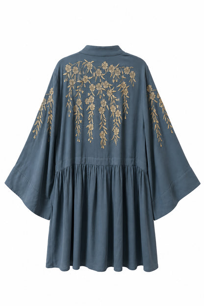 Japanese Blossoms Metallic Champagne and Blue Embroidery Selene Dress