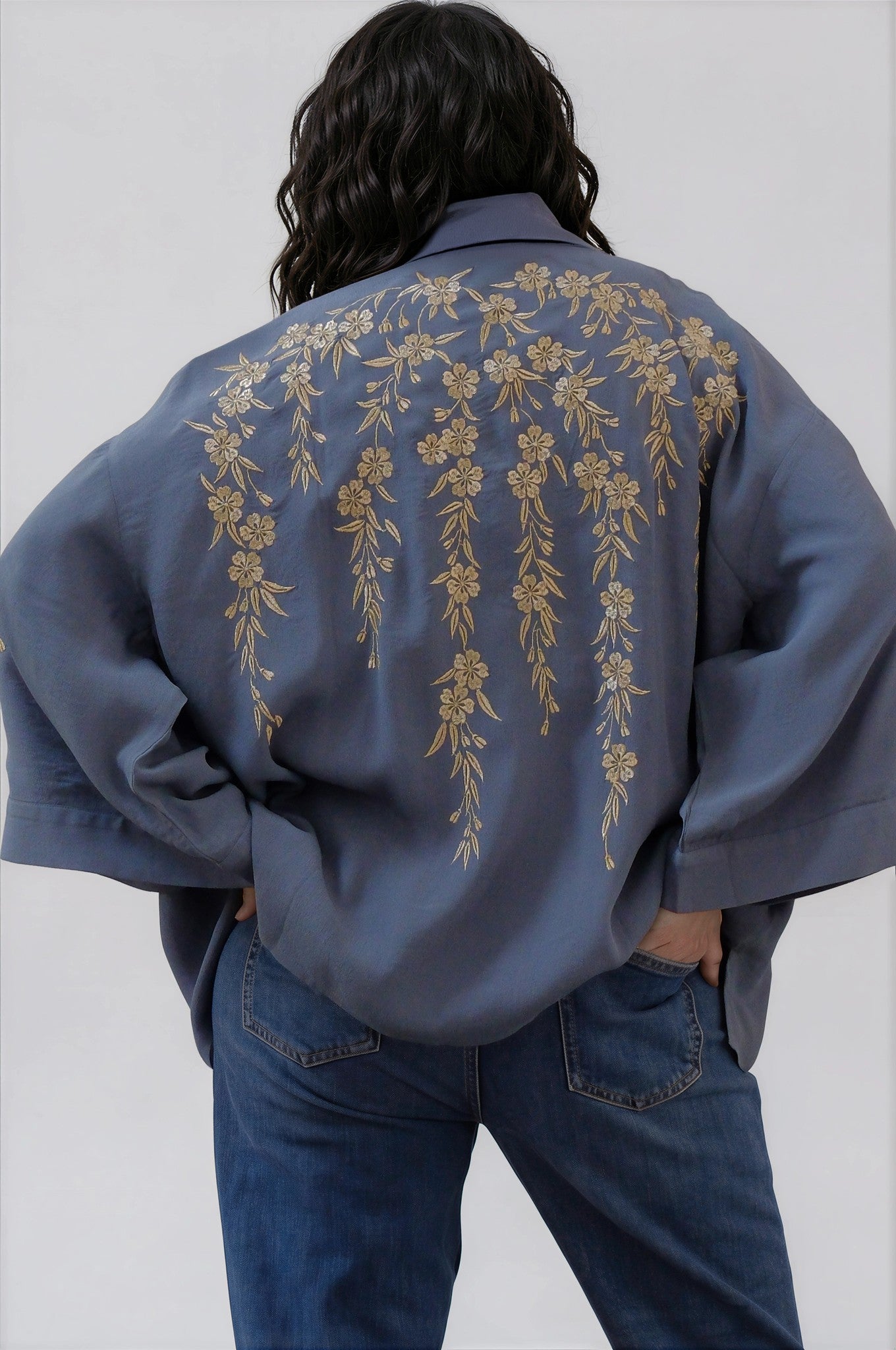 Japanese Blossoms Metallic Champagne and Blue Embroidery Kimono