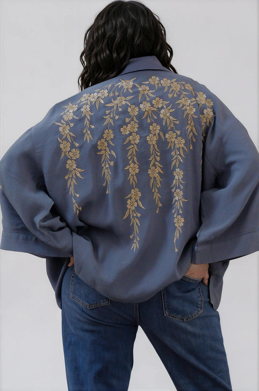 Japanese Blossoms Metallic Champagne and Blue Embroidery Kimono