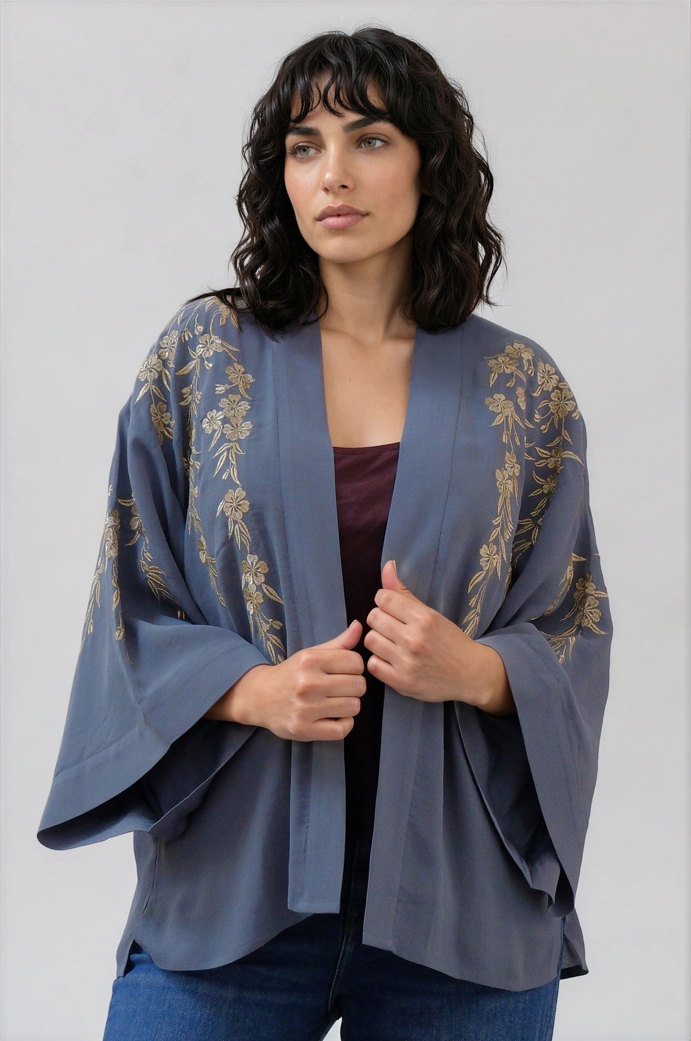 Japanese Blossoms Metallic Champagne and Blue Embroidery Kimono