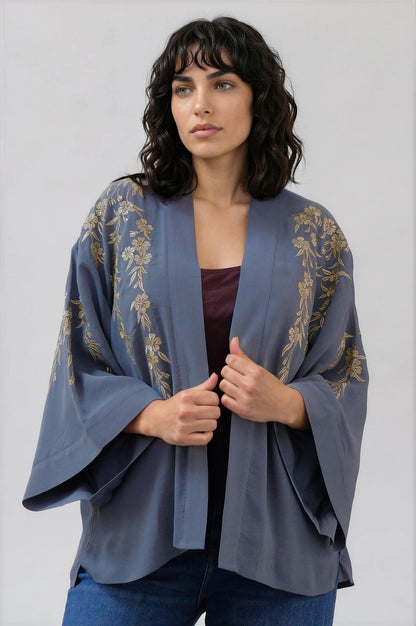 Japanese Blossoms Metallic Champagne and Blue Embroidery Kimono