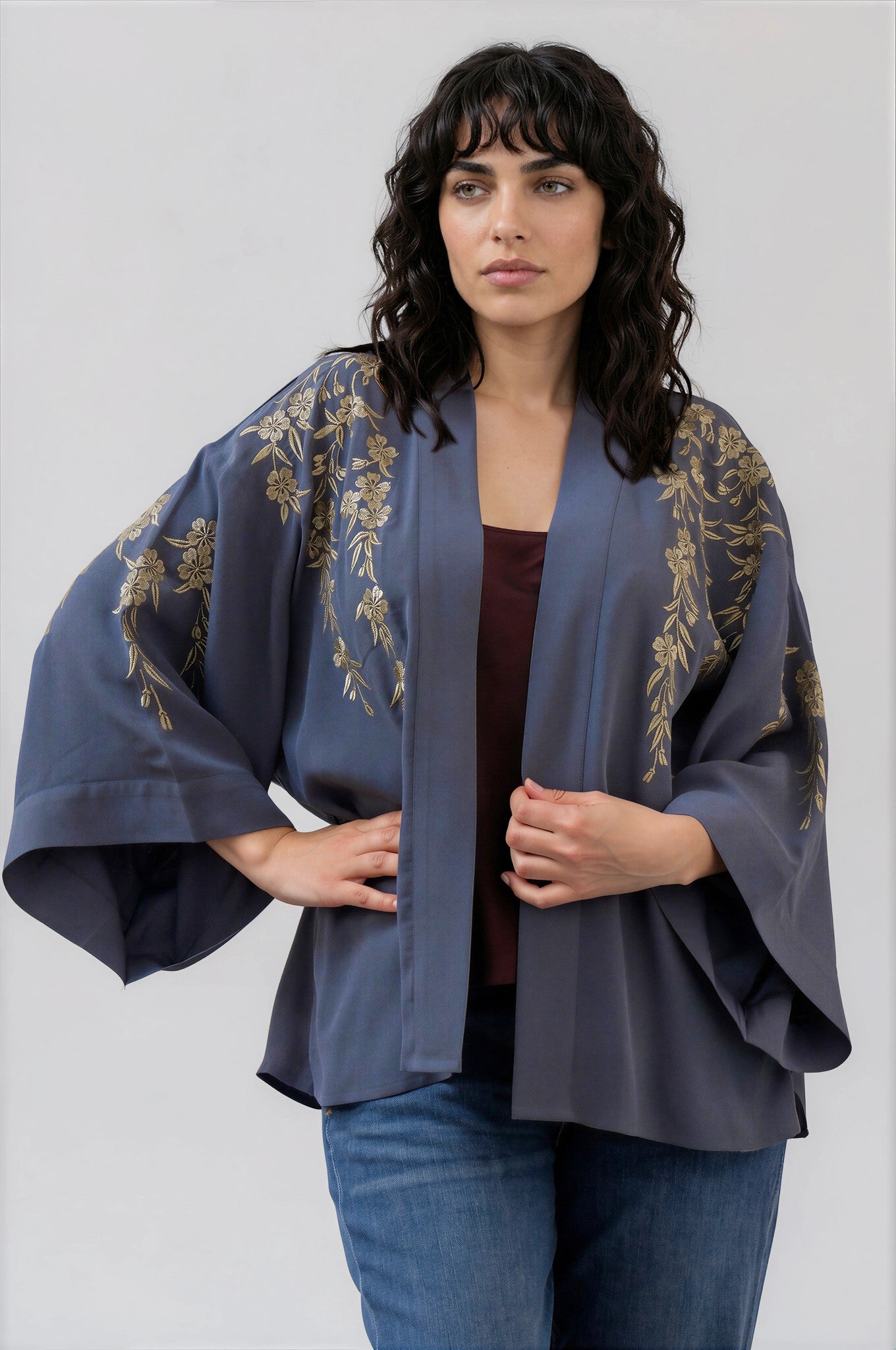 Japanese Blossoms Metallic Champagne and Blue Embroidery Kimono