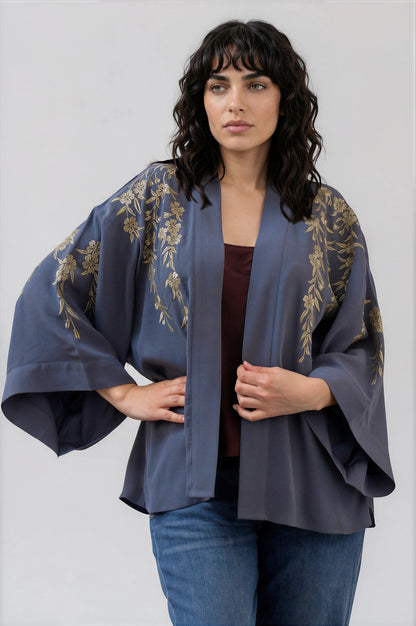 Japanese Blossoms Metallic Champagne and Blue Embroidery Kimono