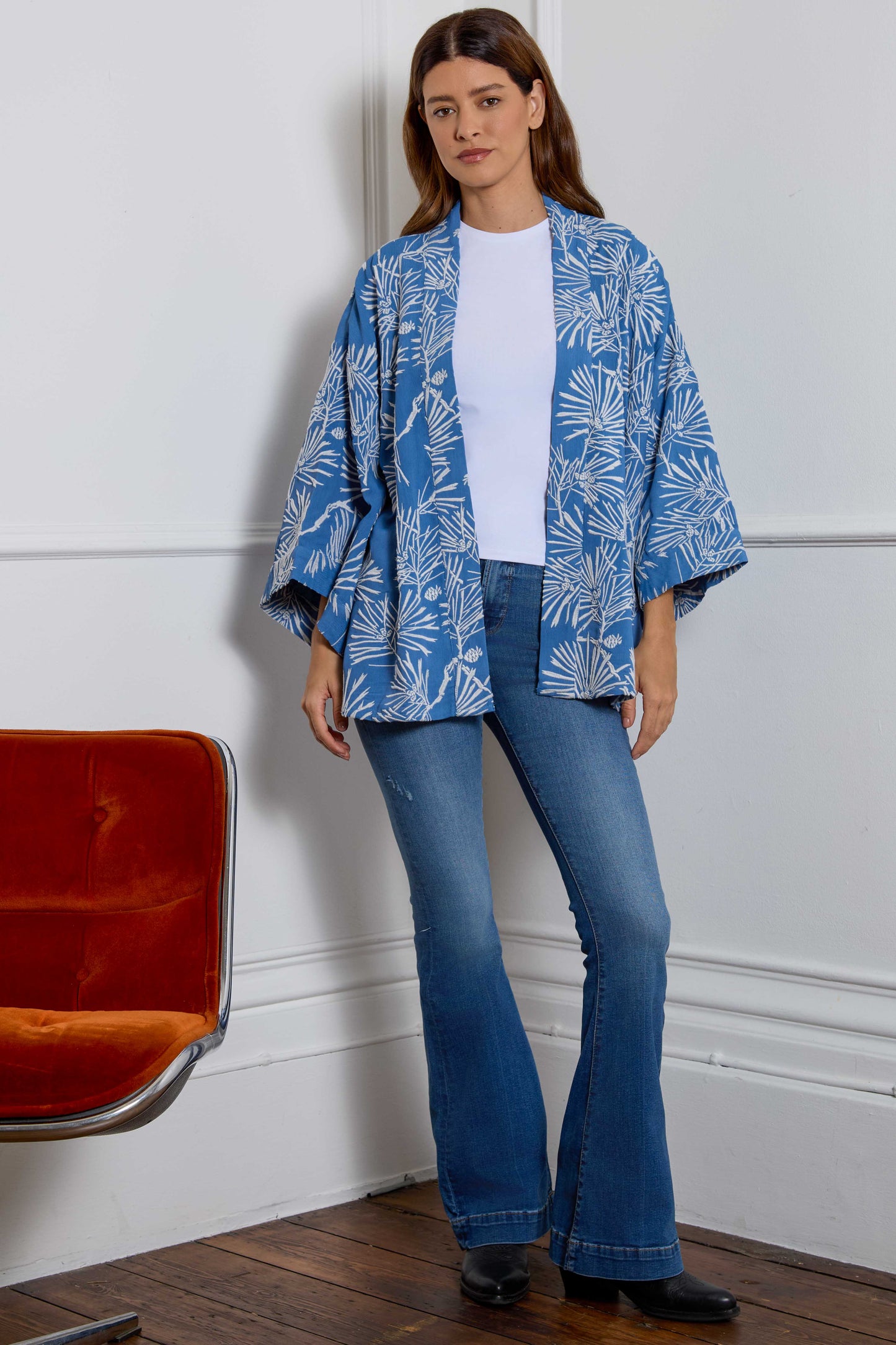 Ivory Embroidered Japanese Pine Needles Blue Short Fully Lined Kimono