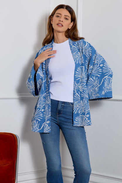 Ivory Embroidered Japanese Pine Needles Blue Short Fully Lined Kimono