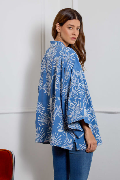 Ivory Embroidered Japanese Pine Needles Blue Short Fully Lined Kimono