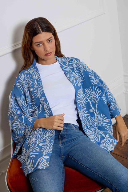 Ivory Embroidered Japanese Pine Needles Blue Short Fully Lined Kimono