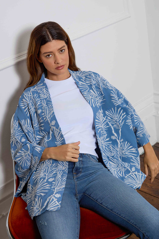 Ivory Embroidered Japanese Pine Needles Blue Short Fully Lined Kimono
