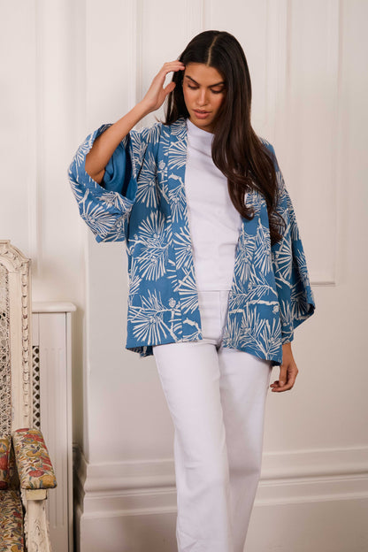 Ivory Embroidered Japanese Pine Needles Blue Short Fully Lined Kimono