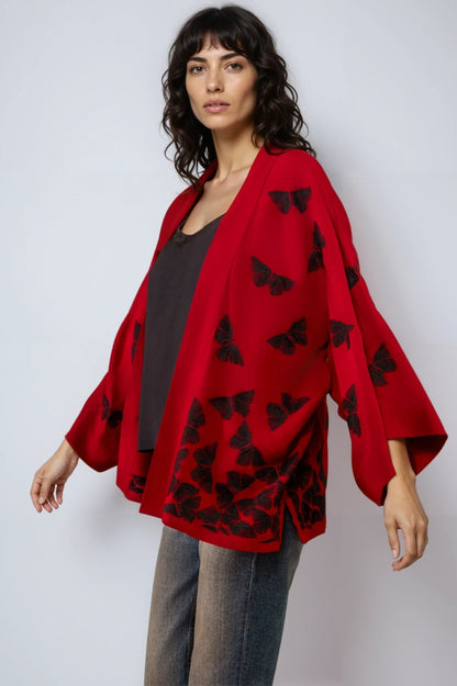 Black Embroidered Butterflies Wine Short Kimono