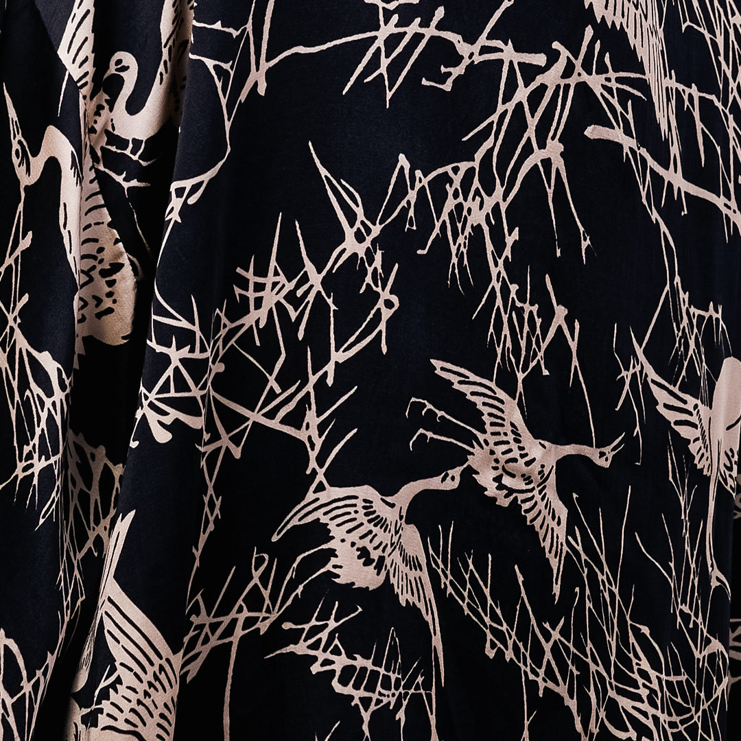 Close up detail Japanese Black & Ivory crane print