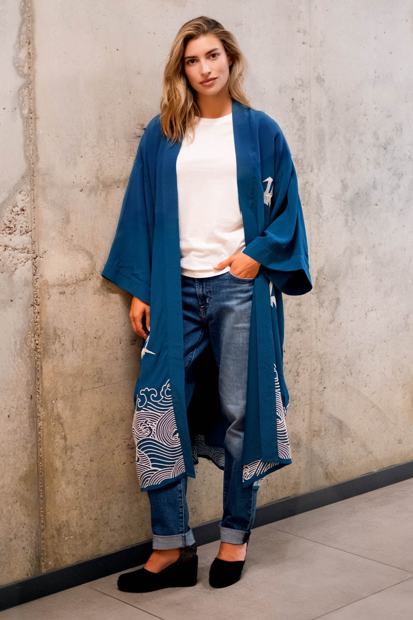 Origami & Hokusai Wave Embroidered Fully Lined Deep Teal Long Kimono