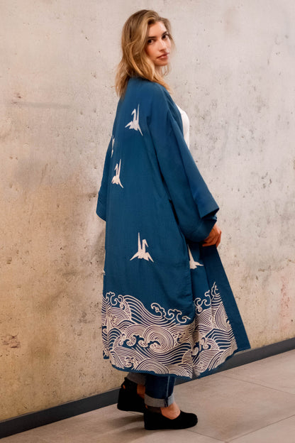 Origami & Hokusai Wave Embroidered Fully Lined Deep Teal Long Kimono